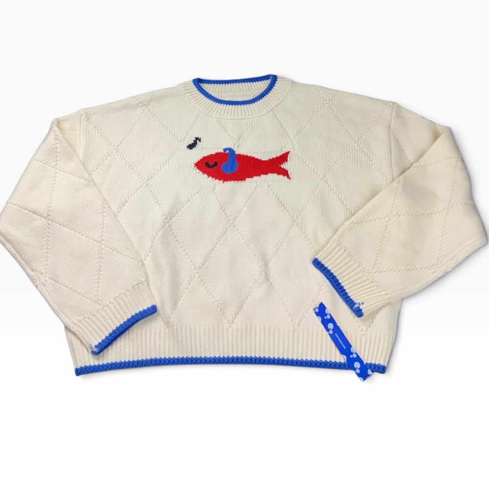 CIDER M NWT Cream Cropped Sweater Fish Graphic Argyle Knit Coastal Preppy
